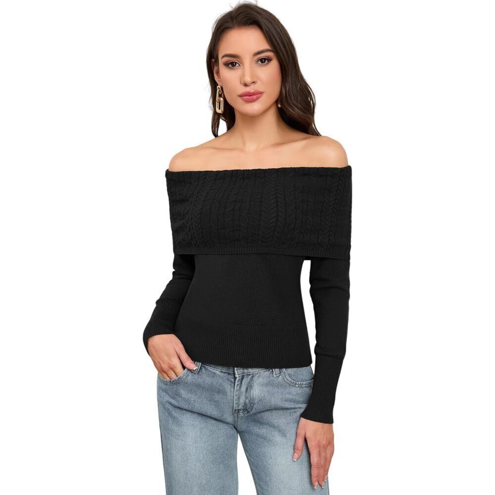 Women Off Shoulder Sweater Acrylic XL Long Sleeve Ribbed Knit Pullover